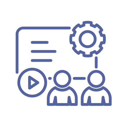 Two people, a gear, a play button, and lines suggesting teamwork or training.