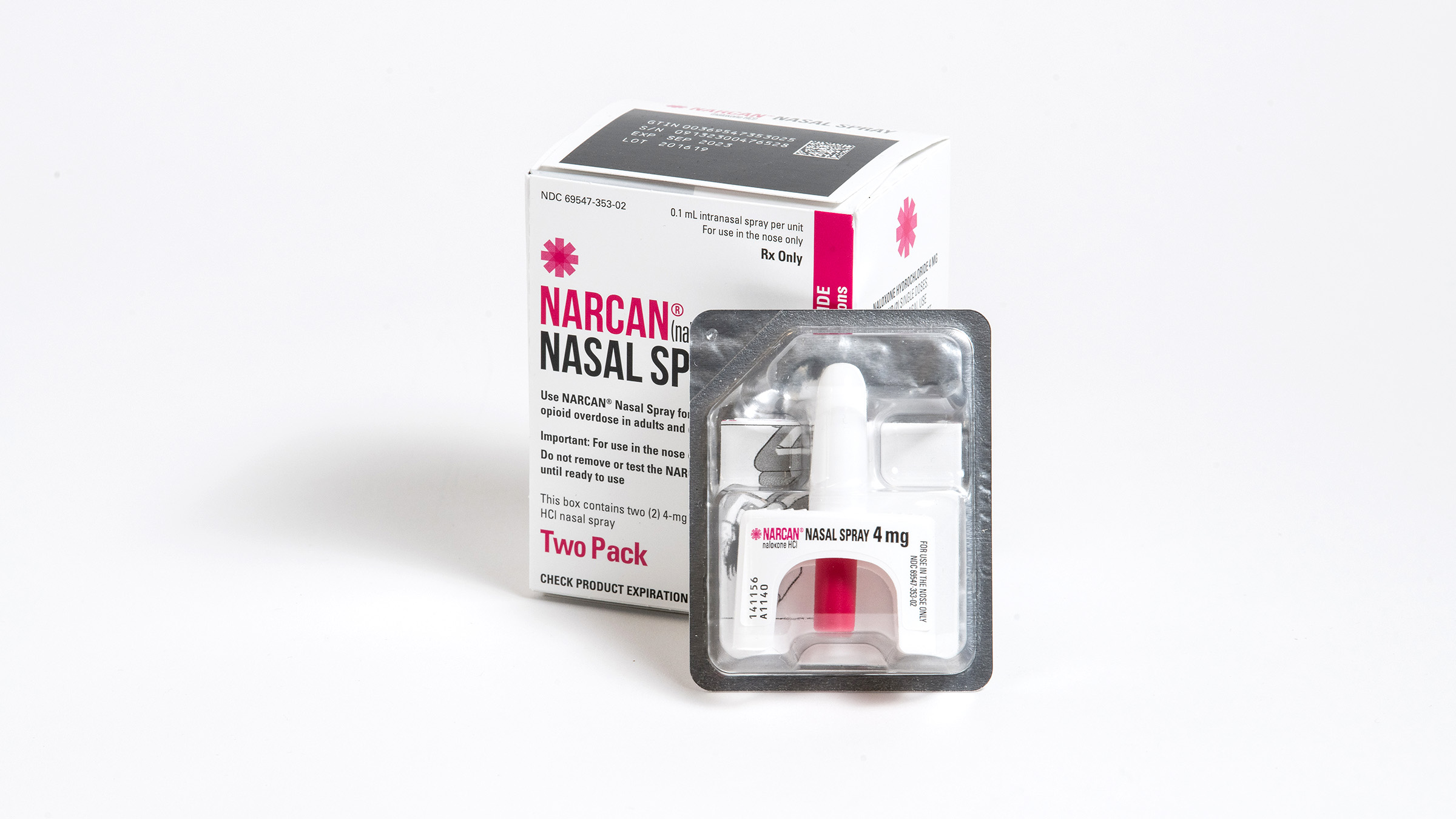 Narcan nasal spray with packaging on a white background.
