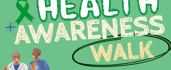 Mental Health Awareness Walk event flyer with date, time, and location on a green background.