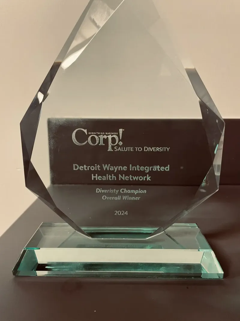 Crystal award with engraved text for Detroit Wayne Integrated Health Network, dated 2024.