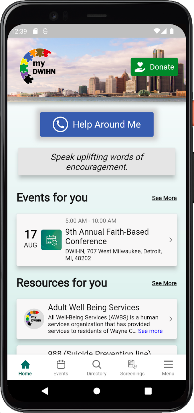 MyDWIHN mobile app screenshot showing health plan, provider search, and benefits features